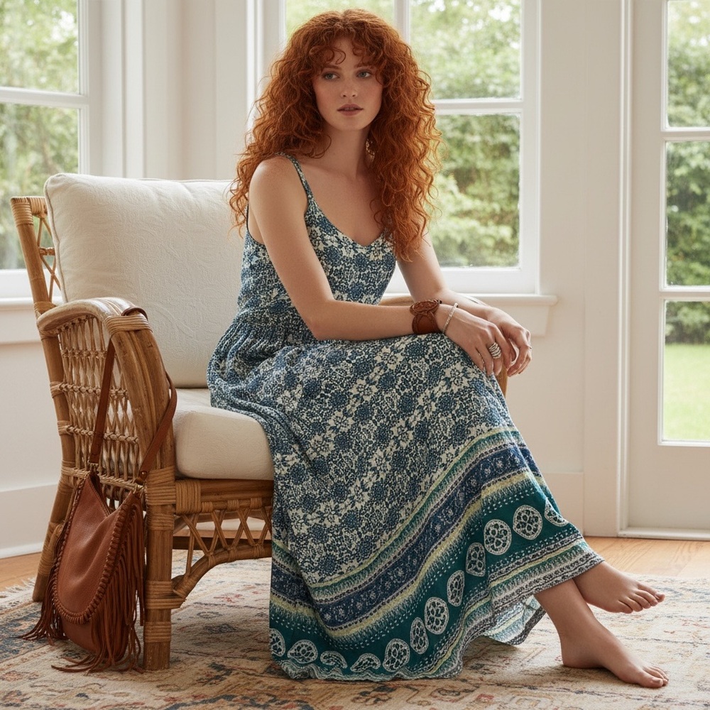 Papa Vancouver Blue Bohemian Pattern Strappy Maxi Dress Size S